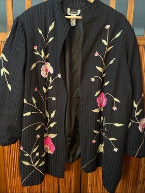Maggie Barnes Black Open Kimono Jacket with Pink & Green Floral Embroidery